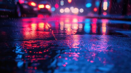 Reflections on a Rainy City Night streetlights glow in puddles on the wet pavement