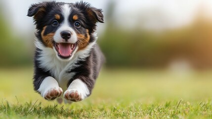Playful puppy joyfully running across a sunlit grassy field with a blurred background