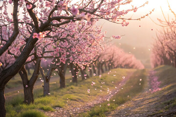 Fototapeta premium Dreamy side angle view of peach blossom orchard in bloom.