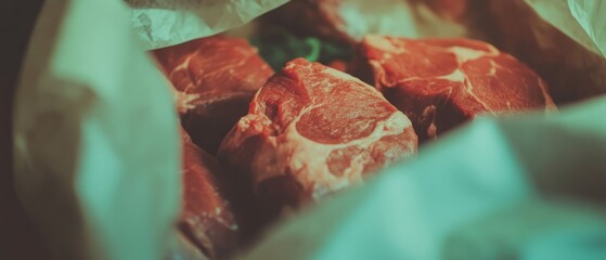 Fresh cuts of meat displayed in packaging ready for a rustic market experience