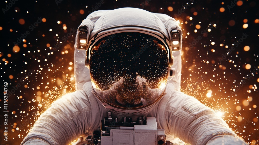 Wall mural astronaut in space suit surrounded by golden sparks. a captivating image of space exploration.