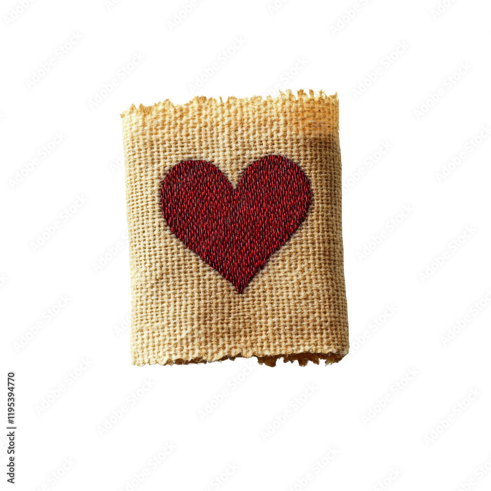 Poster a small square piece of burlap features a red embroidered heart in the center against a black backgr