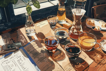 A coffee tasting setup with multiple brews, tasting notes, and a cozy cafe background