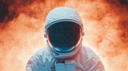 Astronaut facing forward against a fiery orange and smoky background.  Space exploration, mystery.