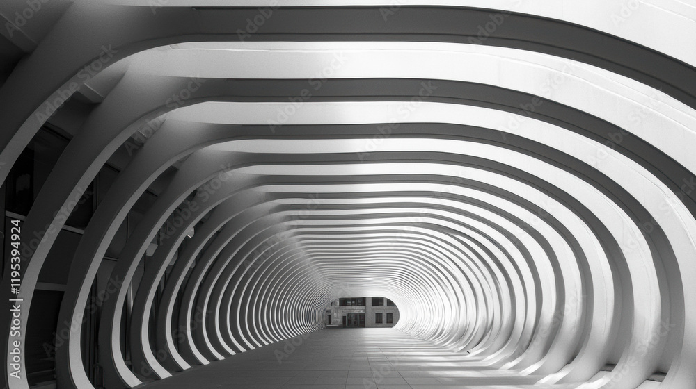 Aufkleber Modern architectural design features series of curved white arches creating unique perspective. interplay of light and shadow enhances structure