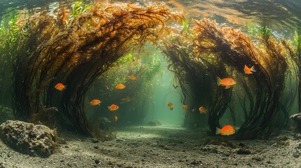 An underwater forest of kelp swaying in the current, providing habitat for various fish and sea creatures, showcasing the diversity of marine ecosystems  