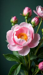 Obraz premium A vibrant pink peony with soft petals and green buds against a dark background.