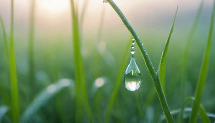 Grass blade with dew drop in the morning light