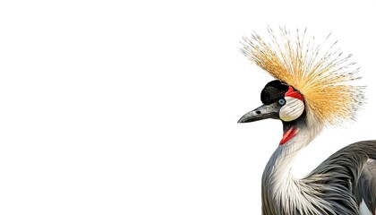 Fototapeta premium African grey crowned or great golden crested crane - Balearica regulorum - is found in nearly all of Africa, and it is the national bird of Uganda. Isolated on white background with copy space