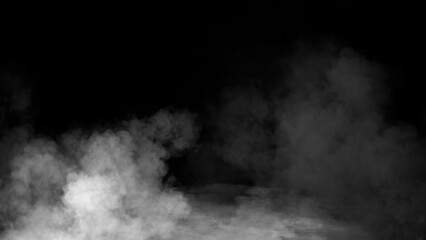 Abstract misty fog on isolated black background. Smoke stage studio. Texture overlays. The concept of aromatherapy.