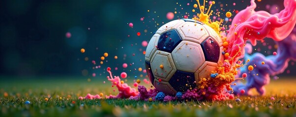 A vibrant soccer ball splashes color on the grass, symbolizing dynamic energy in sports.