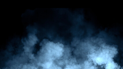 Abstract blue misty fog on isolated black background. Smoke stage studio. Texture overlays. The concept of aromatherapy.