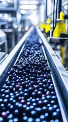Fresh Berries on a Conveyor Belt in a Modern Food Processing Plant