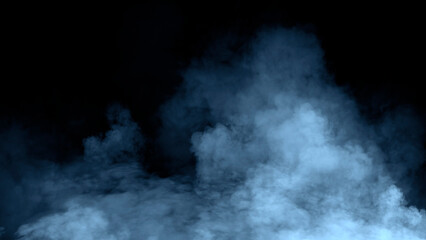Abstract blue misty fog on isolated black background. Smoke stage studio. Texture overlays. The concept of aromatherapy.