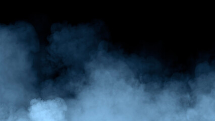Abstract blue misty fog on isolated black background. Smoke stage studio. Texture overlays. The concept of aromatherapy.