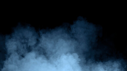 Abstract blue misty fog on isolated black background. Smoke stage studio. Texture overlays. The concept of aromatherapy.