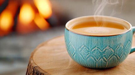 Warm Cup of Tea on Wooden Table with Cozy Fire in Background