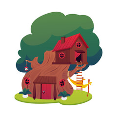 Cartoon game fantasy huts in tree trunk, vector flat cute fairy tale houses with ladder and hammock, wooden dwellings