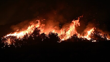 wildfire burning at night with bright, glowing orange flames lighting up the dark sky, creating a dangerous atmosphere. [Wildfire]:[ Disaster] 