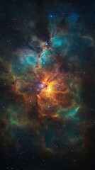 Fototapeta premium A dense star field with a vibrant aurora-like nebula glowing at its center.