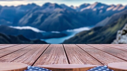 Mountain View Wooden Tabletop Background  Nature  Landscape  Rustic