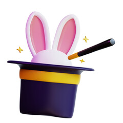 3d Rabbit in magic hat with wand suitable for childrens party invitations, magic show promotions, Easterthemed designs, and whimsical illustrations.