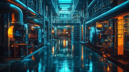 Obraz premium Futuristic Industrial Corridor Sleek Metal Pipes Machinery and Reflective Floors