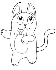 Funny cat in a bow-tie is dancing. Dancing kitten. Cute funny kitten character - dancer with bow. Linear vector illustration for coloring. Outline.	