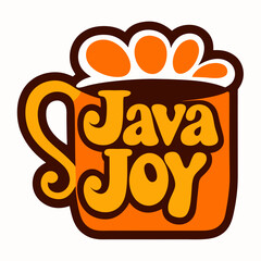 Sticker design of A steaming mug with vibrant patterns and the words 