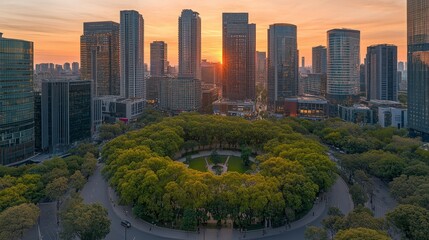 Obraz premium Stunning Sunset Aerial View of City Park Surrounded by Modern Skyscrapers
