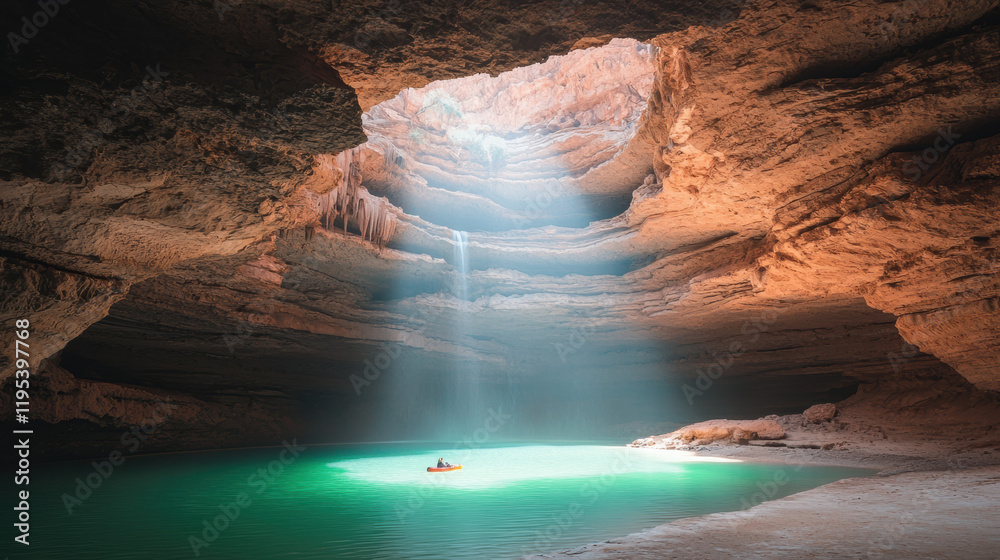 Poster serene cave with turquoise pool and cascading waterfall, illuminated by sunlight