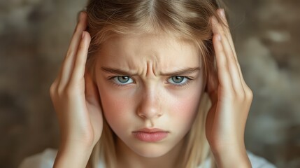 Fototapeta premium Upset Teenage Girl with Blonde Hair Holding Head Frustration Expression Closeup Portrait
