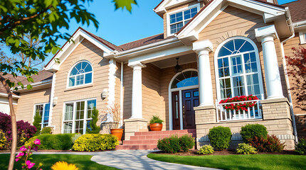 Luxury Home Exterior: Modern Brick House with Landscaped Garden and Grand Entrance. Discover the epitome of elegant residential architecture.