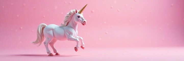 A whimsical unicorn figurine prancing gracefully against a soft pink background.