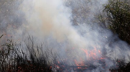 rising from a recently extinguished forest fire [Wildfire]:[ Disaster] 