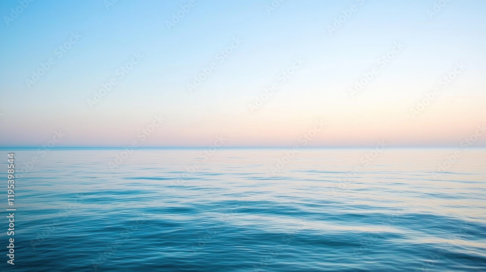Poster serene ocean view at dawn with calm waters and soft pastel sky hues