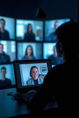 A man in silhouette using a laptop to narrow down images of people on multiple screens, symbolizing the concept of video surveillance and advanced artificial intelligence technology for case managemen
