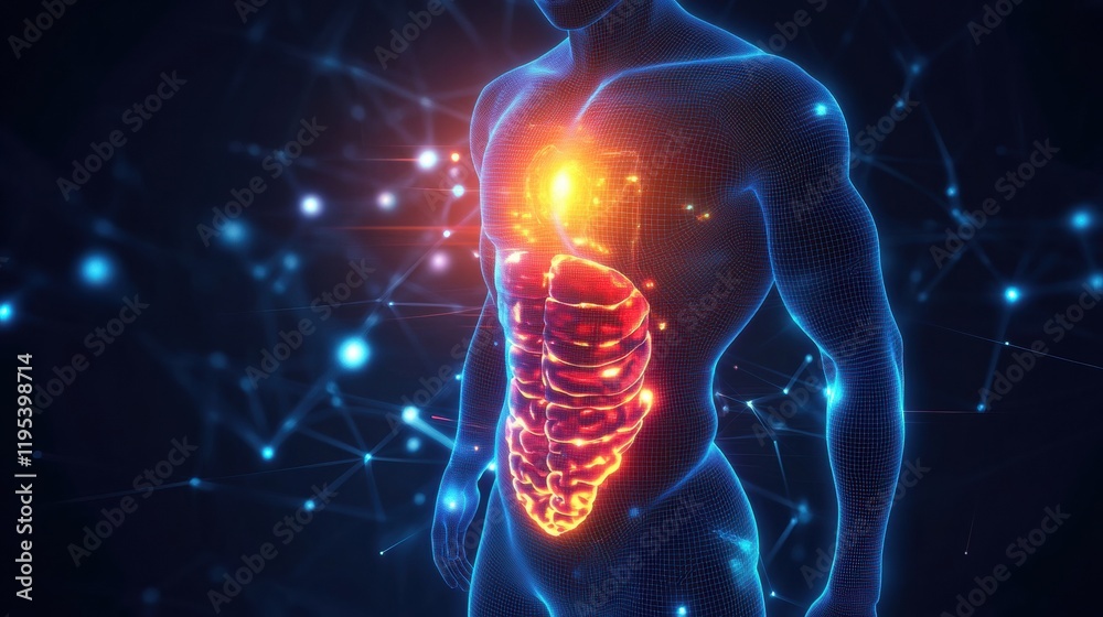 Poster glowing human torso with red focal point illuminated in the abdominal area surrounded by ethereal bl