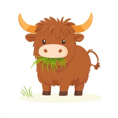 Cute Highland cow eating grass, isolated, farm illustration, children's book
