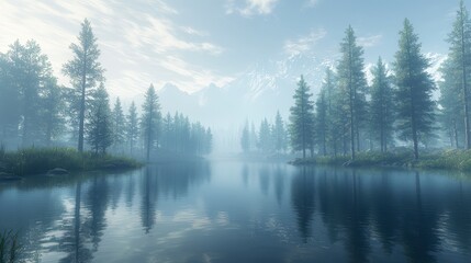 Serene Mountain Lake Landscape Misty Forest Calm Water Majestic Peaks