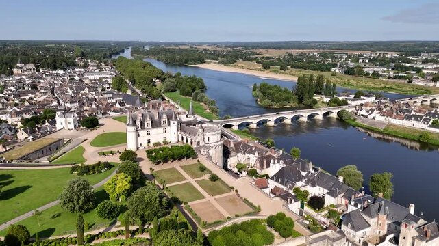 Drone shot of Amboise town in Loire Valley, France