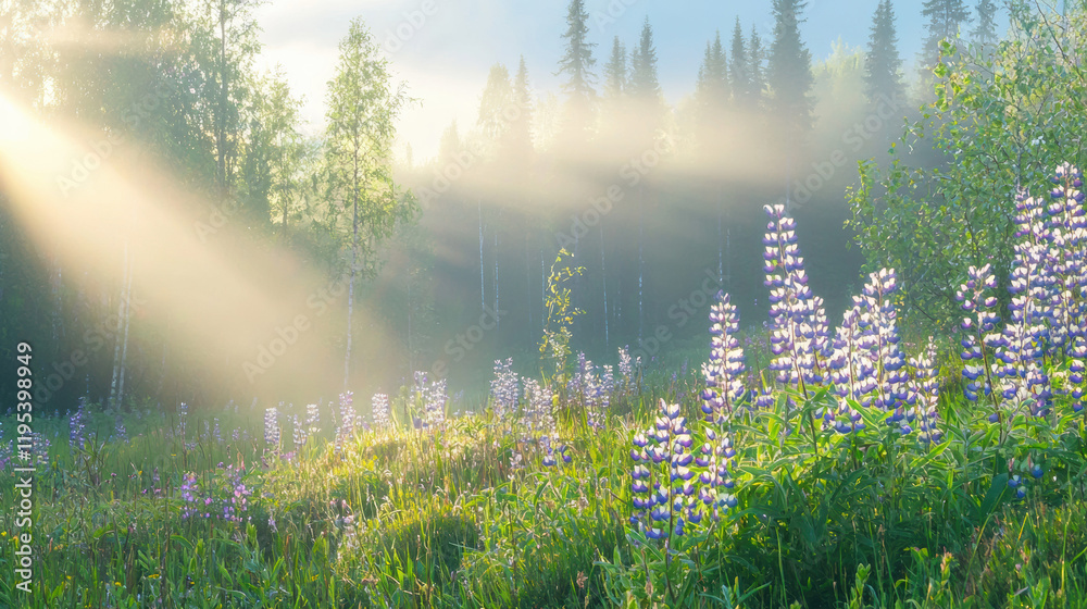Poster serene landscape featuring purple flowers in misty forest with sunlight filtering through trees, cre