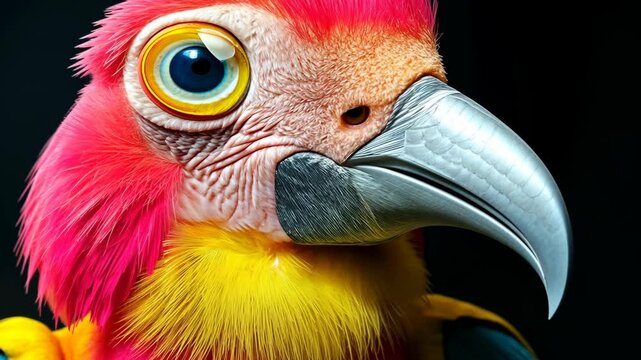 Vibrant close-up of a colorful parrot showcasing unique feathers and striking facial features