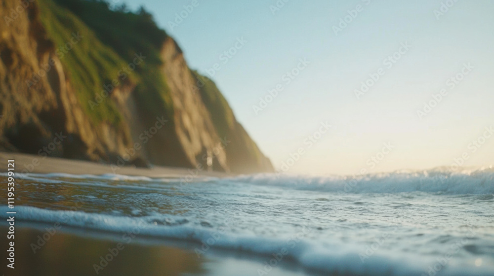 Poster serene beach scene with gentle waves lapping at shore, cliffs in background. soft light creates tranquil atmosphere