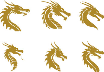 dragon head golden silhouette set illustration, side view for icon logo