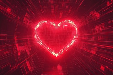 Digital red heart with futuristic glowing light effect and abstract lines