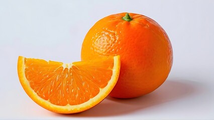 A close-up shot showcases an orange cut in half, next to a whole orange on white background