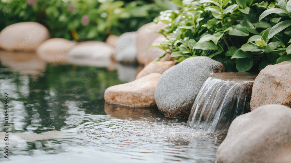 Aufkleber serene water feature with smooth stones and lush greenery creates tranquil atmosphere