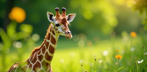 Obraz premium A young giraffe standing gracefully in a lush green environment with vibrant flowers.