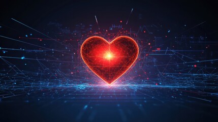 Glowing red heart with dynamic cardiogram illustrating love and vitality in a digital landscape. Generative AI